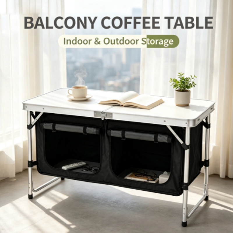Outdoor Camping Kitchen Setup - Meja Lipat Aluminium Perak dengan Dua